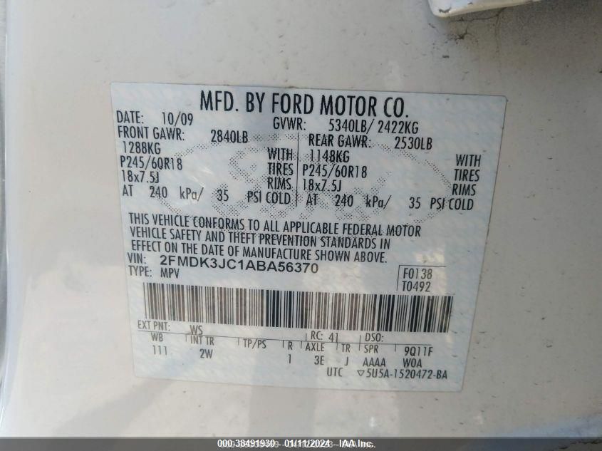 2010 Ford Edge Sel VIN: 2FMDK3JC1ABA56370 Lot: 38491930