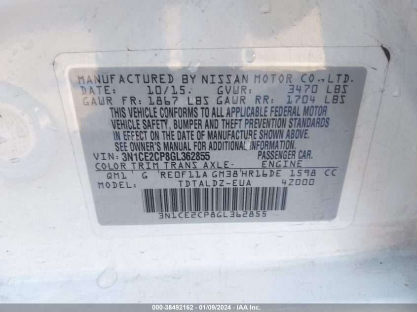 3N1CE2CP8GL362855 2016 Nissan Versa Note S (Sr)/S Plus/Sl/Sr/Sv