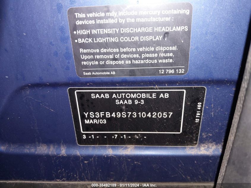 YS3FB49S731042057 2003 Saab 9-3 Linear