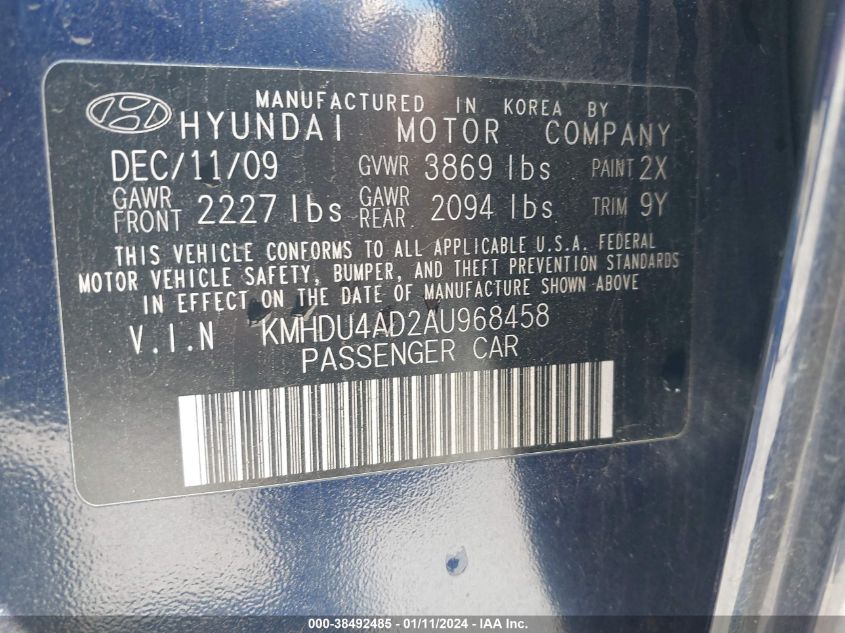 2010 Hyundai Elantra Gls VIN: KMHDU4AD2AU968458 Lot: 38492485