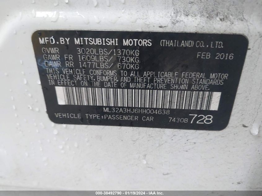 2017 Mitsubishi Mirage Es VIN: ML32A3HJ6HH004638 Lot: 38492790