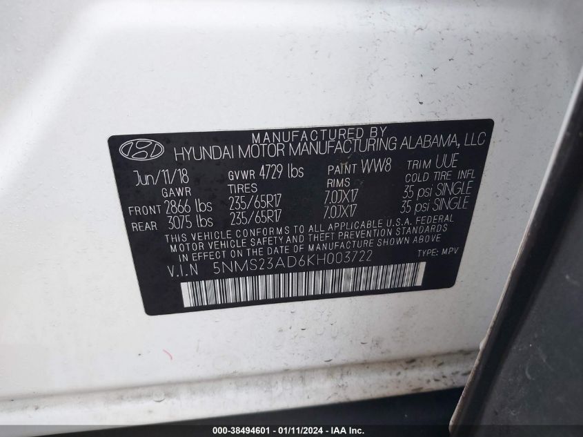 5NMS23AD6KH003722 2019 Hyundai Santa Fe Se