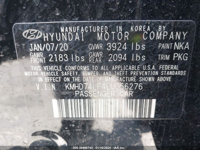 2020 Hyundai Elantra Se VIN: KMHD74LF4LU056276 Lot: 40922035