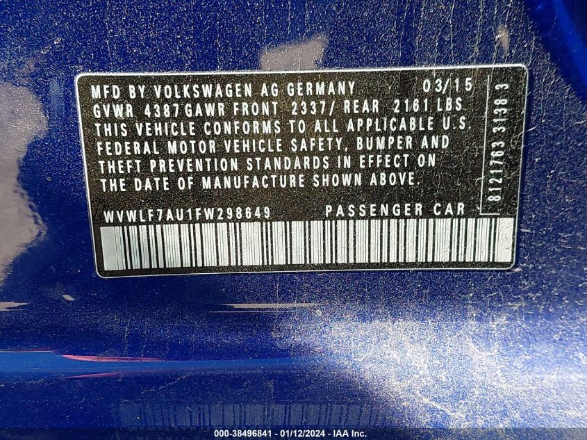 2015 Volkswagen Golf R 4-Door VIN: WVWLF7AU1FW298649 Lot: 38496841