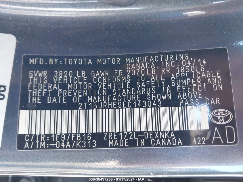 2T1BURHE9EC143043 2014 Toyota Corolla Le