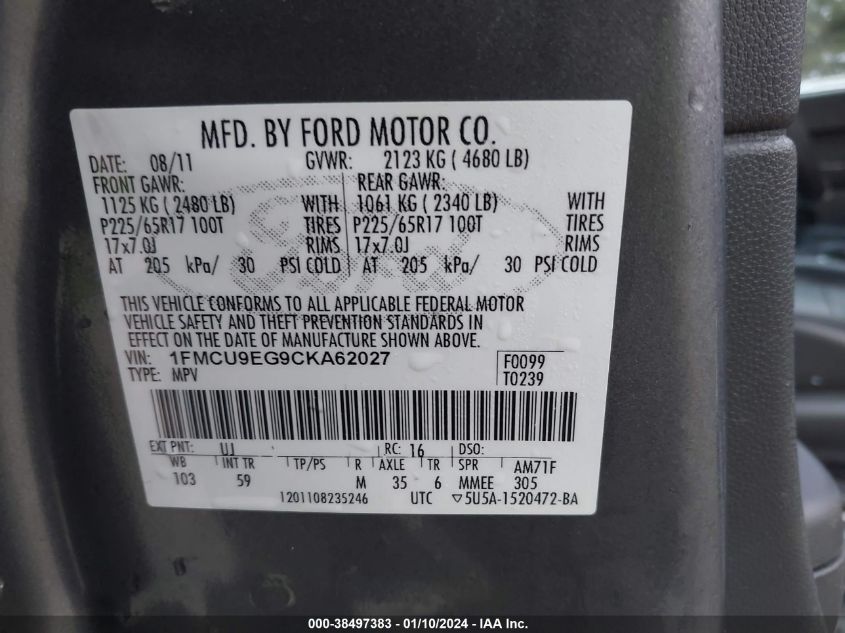 1FMCU9EG9CKA62027 2012 Ford Escape Limited