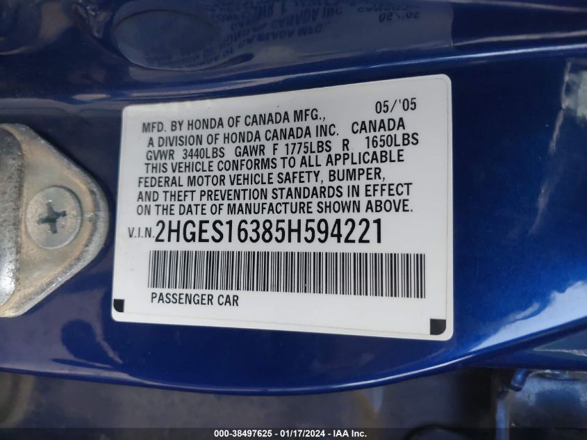 2HGES16385H594221 2005 Honda Civic Vp