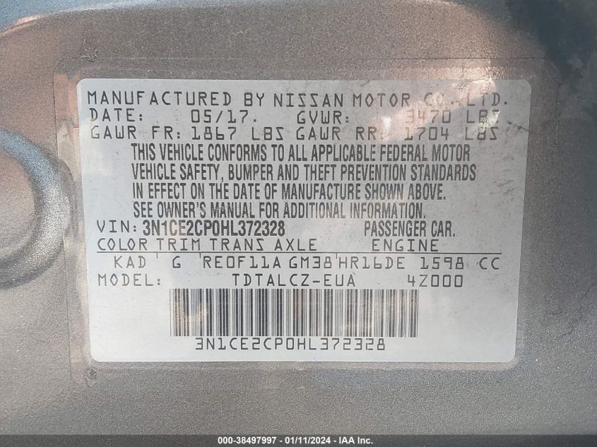 3N1CE2CP0HL372328 2017 Nissan Versa Note S Plus