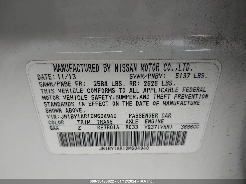 2013 INFINITI M37 VIN: JN1BY1AR1DM604940