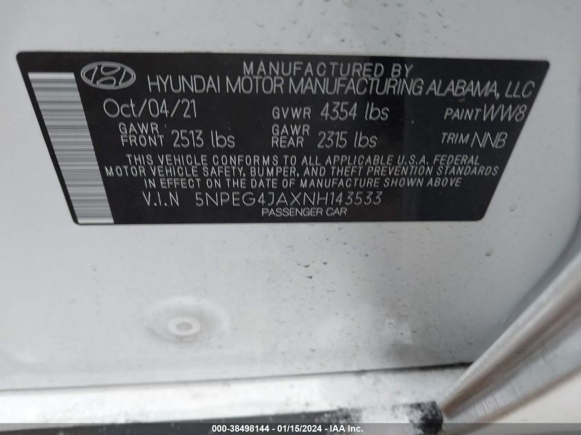 5NPEG4JAXNH143533 2022 Hyundai Sonata Se