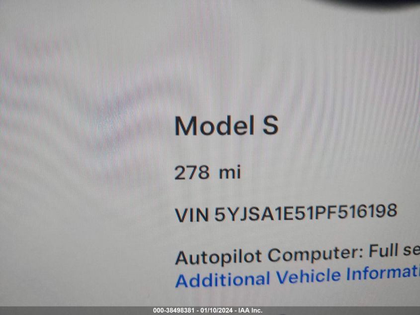 2023 Tesla Model S Dual Motor All-Wheel Drive/Standard Range VIN: 5YJSA1E51PF516198 Lot: 38498381