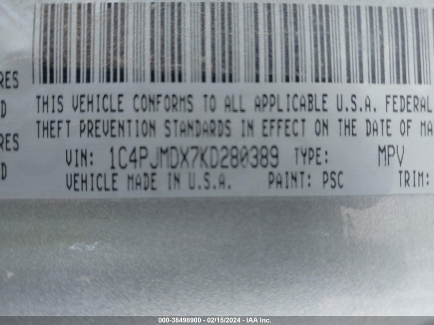VIN 1C4PJMDX7KD280389 2019 JEEP CHEROKEE LIMITED 4X4