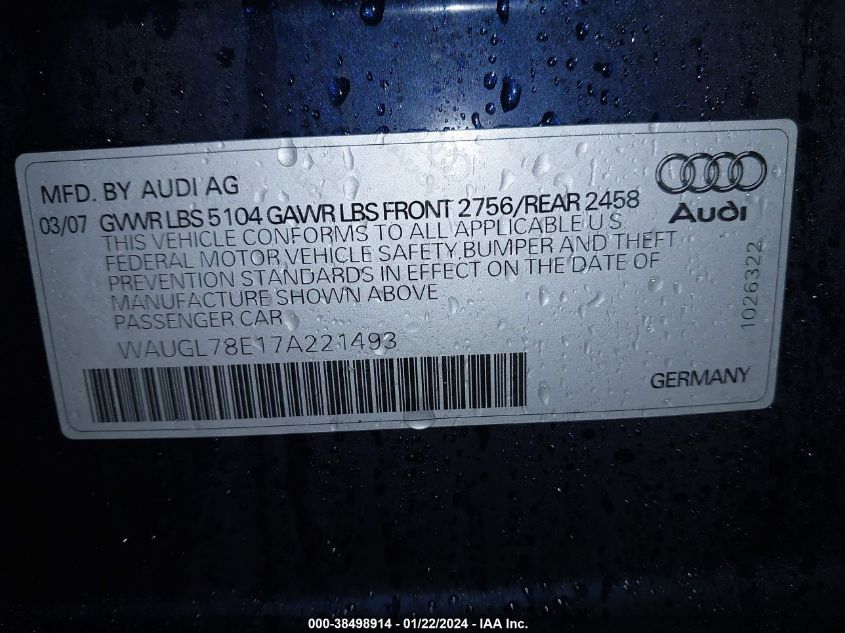 WAUGL78E17A221493 2007 Audi S4 4.2