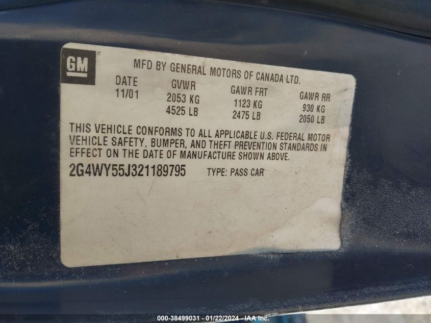 2G4WY55J321189795 2002 Buick Century Limited