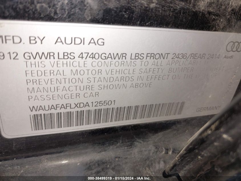 2013 Audi A4 2.0T Premium VIN: WAUAFAFLXDA125501 Lot: 38499319