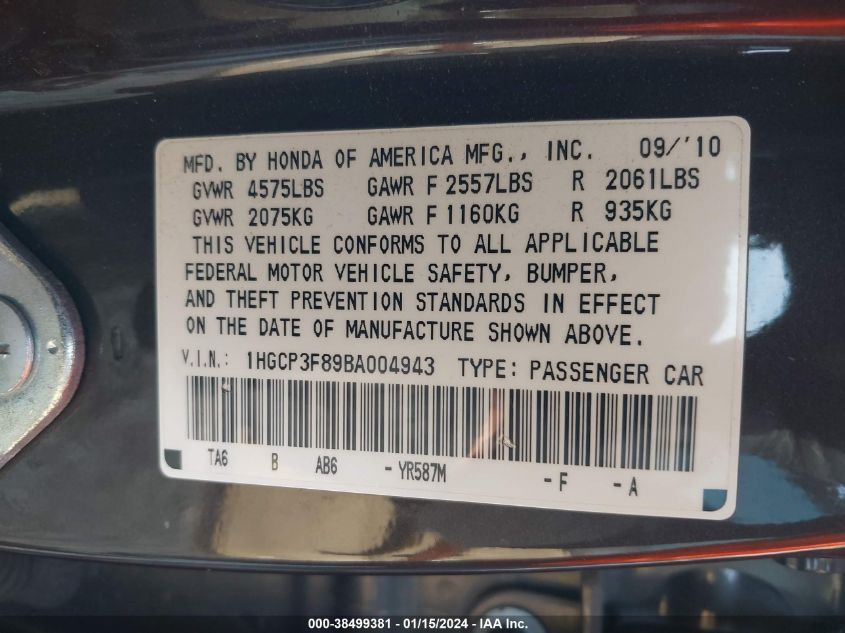 1HGCP3F89BA004943 2011 Honda Accord 3.5 Ex-L