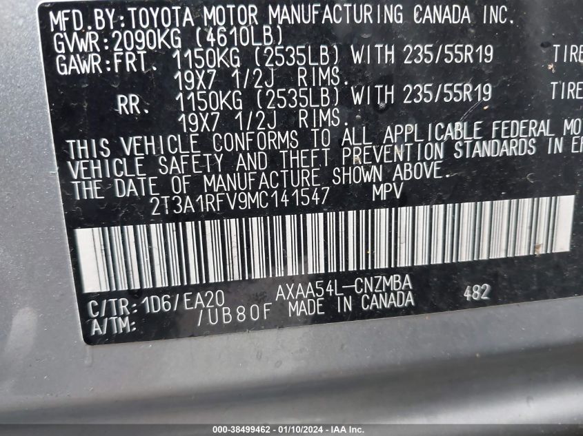 2T3A1RFV9MC141547 2021 Toyota Rav4 Xle Premium