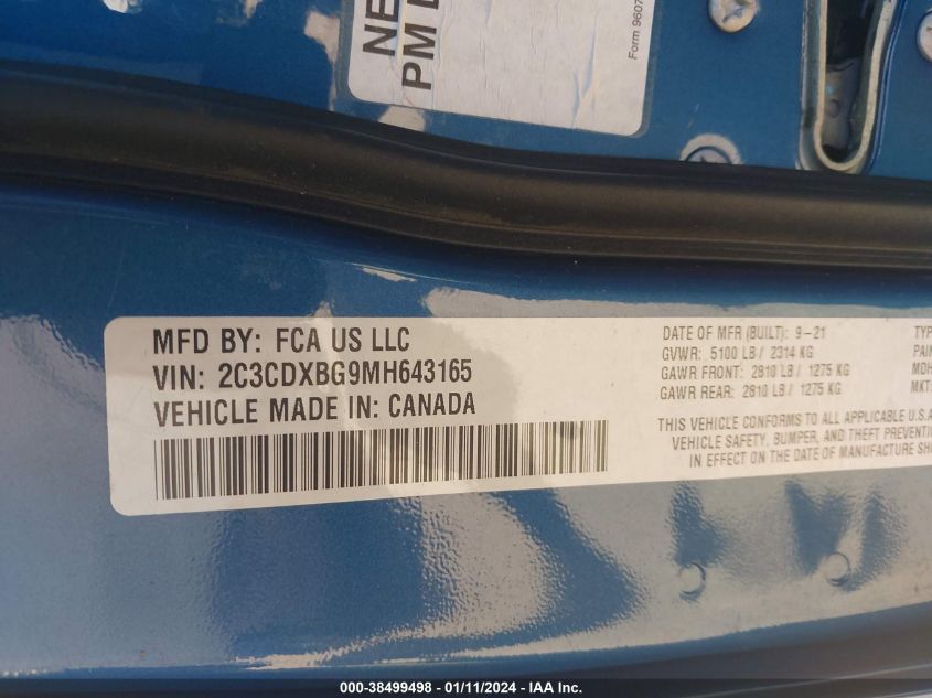 2021 Dodge Charger Sxt Rwd VIN: 2C3CDXBG9MH643165 Lot: 38514444