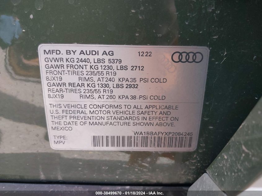 2023 Audi Q5 Premium Plus 40 Tfsi Quattro S Tronic VIN: WA1BBAFYXP2084245 Lot: 38499670