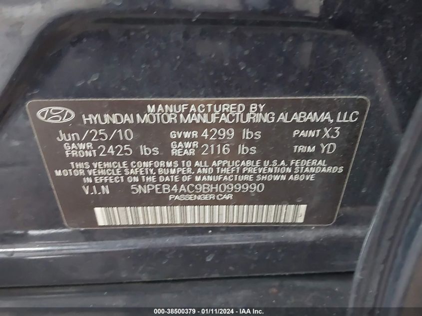 2011 Hyundai Sonata Gls VIN: 5NPEB4AC9BH099990 Lot: 38500379