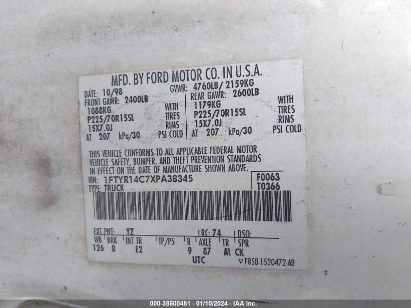 1FTYR14C7XPA38345 1999 Ford Ranger Xl/Xlt