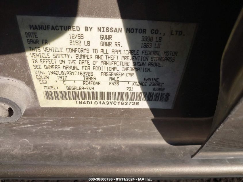 1N4DL01A3YC163726 2000 Nissan Altima Gle/Gxe/Se