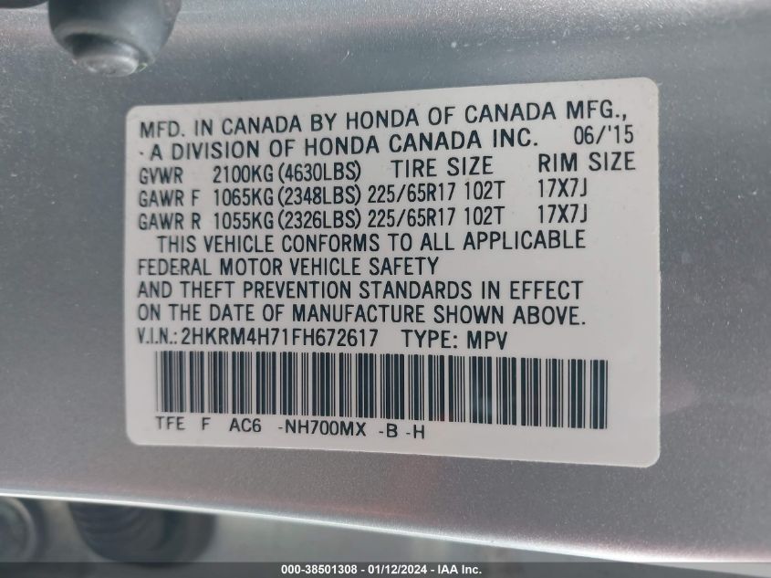 2HKRM4H71FH672617 2015 Honda Cr-V Ex-L