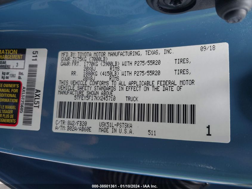 5TFEY5F17KX245710 2019 Toyota Tundra Sr5 5.7L V8