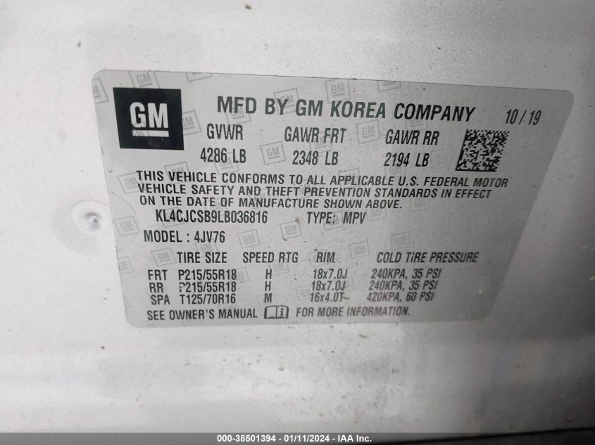 2020 Buick Encore Fwd Essence VIN: KL4CJCSB9LB036816 Lot: 38501394