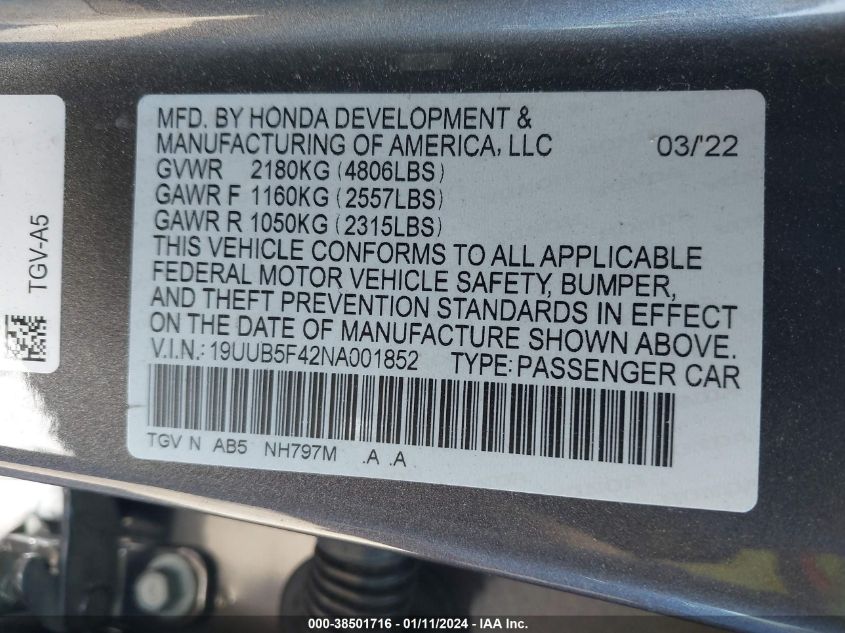 19UUB5F42NA001852 2022 Acura Tlx Technology Package