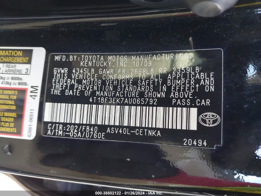 4T1BF3EK7AU065792 2010 Toyota Camry Le