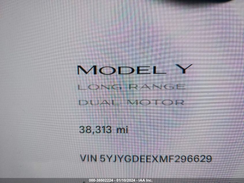 2021 Tesla Model Y Long Range Dual Motor All-Wheel Drive VIN: 5YJYGDEEXMF296629 Lot: 38502224