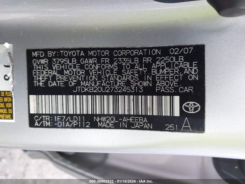 JTDKB20U273245313 2007 Toyota Prius Touring