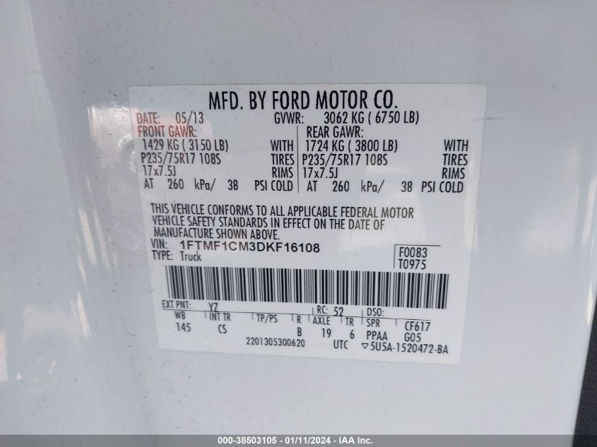 2013 Ford F-150 Xl VIN: 1FTMF1CM3DKF16108 Lot: 38503105