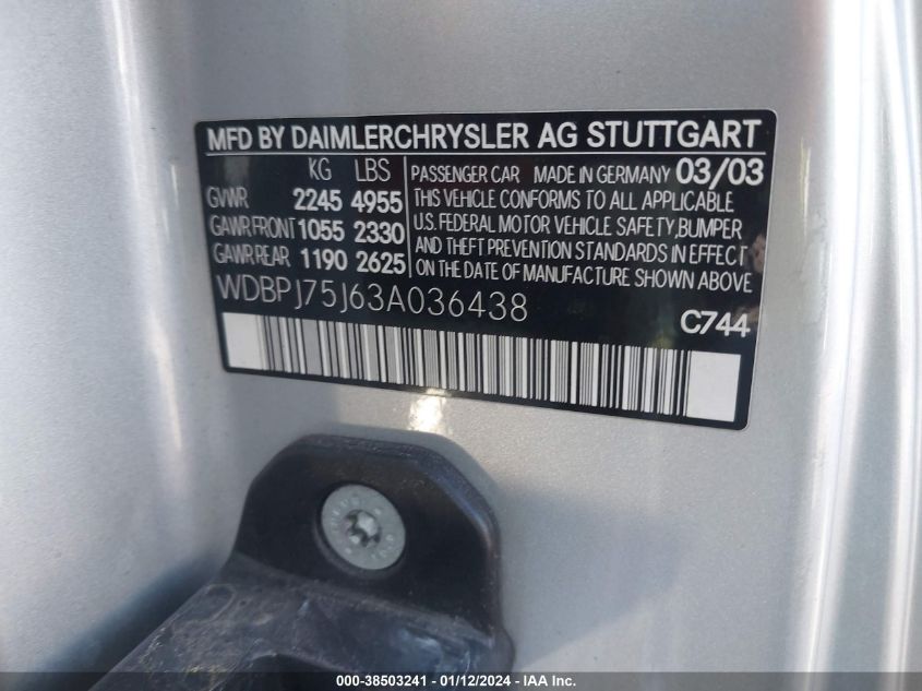 2003 Mercedes-Benz Cl-Class 5.0L VIN: WDBPJ75J63A036438 Lot: 38503241