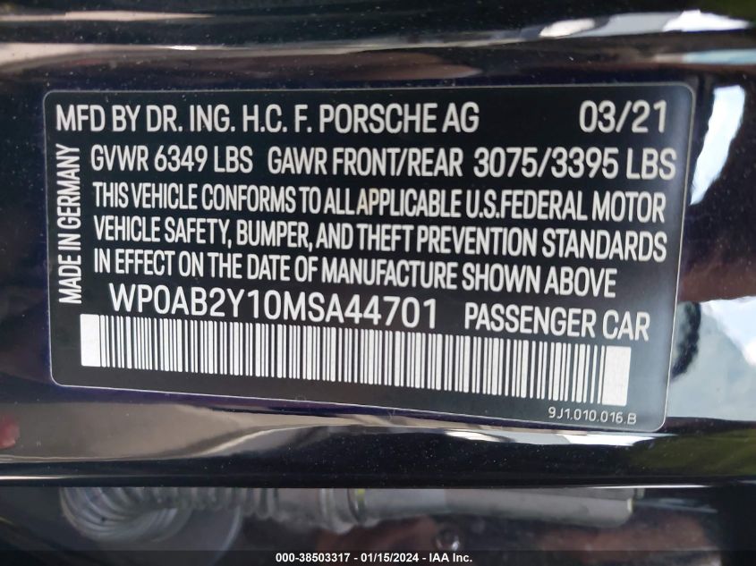 2021 Porsche Taycan 4S VIN: WP0AB2Y10MSA44701 Lot: 39204334