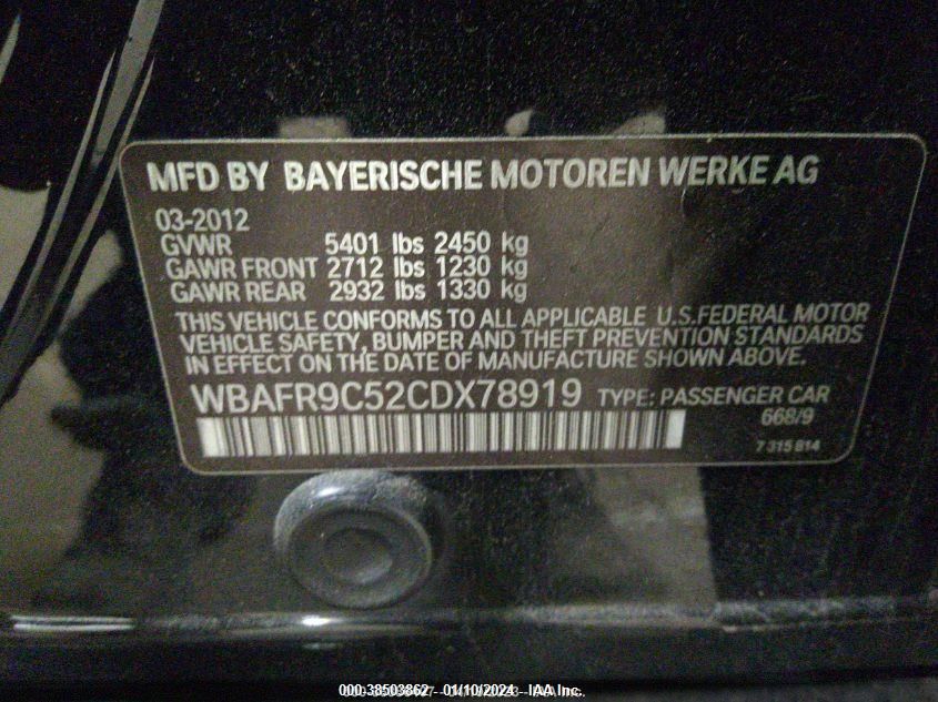 2012 BMW 550I VIN: WBAFR9C52CDX78919 Lot: 38503862