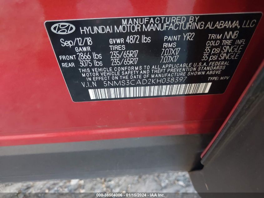 5NMS3CAD2KH038397 2019 Hyundai Santa Fe Sel