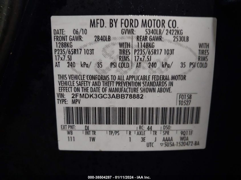 2010 Ford Edge Se VIN: 2FMDK3GC3ABB78882 Lot: 39032380