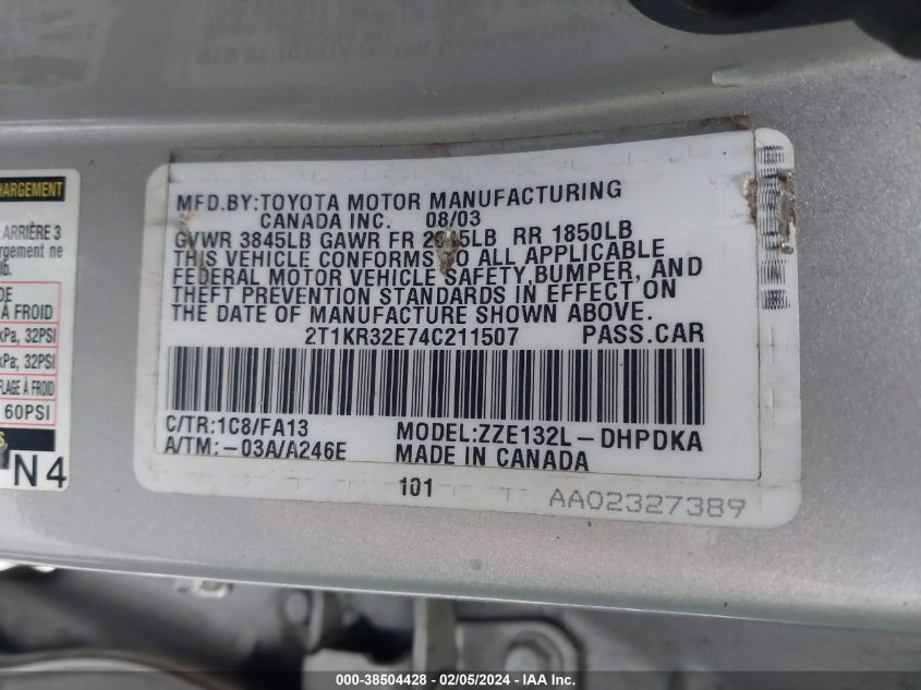 2T1KR32E74C211507 2004 Toyota Matrix Std