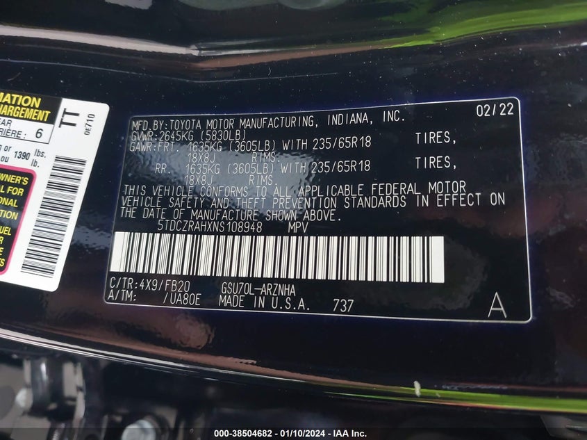 2022 TOYOTA HIGHLANDER VIN: 5TDCZRAHXNS108948