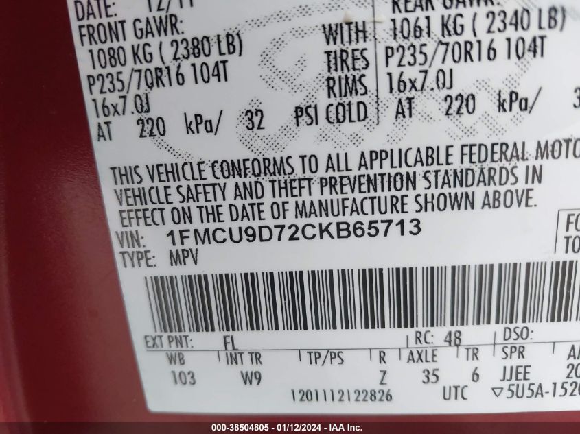 1FMCU9D72CKB65713 2012 Ford Escape Xlt