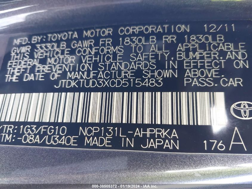 JTDKTUD3XCD515483 2012 Toyota Yaris Le