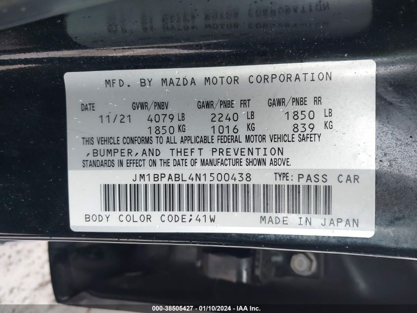 2022 Mazda Mazda3 Select VIN: JM1BPABL4N1500438 Lot: 38505427