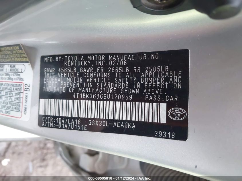 4T1BK36B66U120959 2006 Toyota Avalon Xls