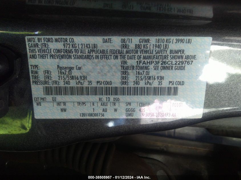 1FAHP3F26CL229767 2012 Ford Focus Se