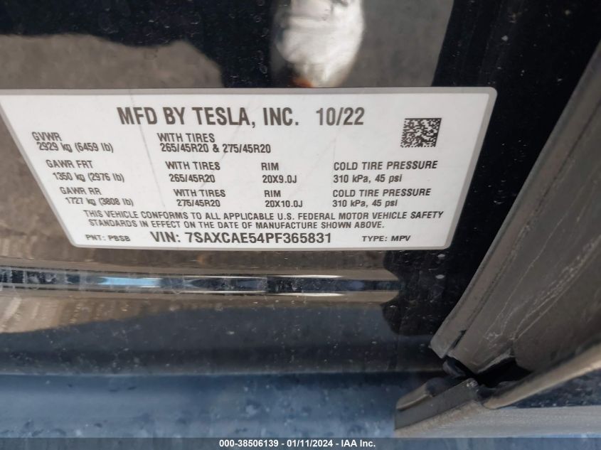 2023 Tesla Model X Dual Motor All-Wheel Drive/Standard Range VIN: 7SAXCAE54PF365831 Lot: 38506139