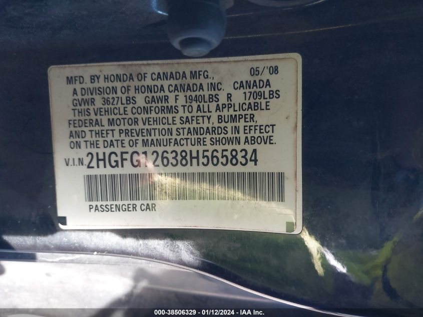 2HGFG12638H565834 2008 Honda Civic Lx