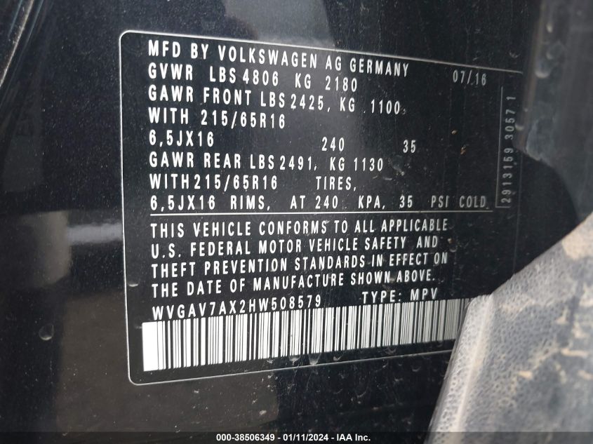 2017 Volkswagen Tiguan 2.0T S VIN: WVGAV7AX2HW508579 Lot: 38506349