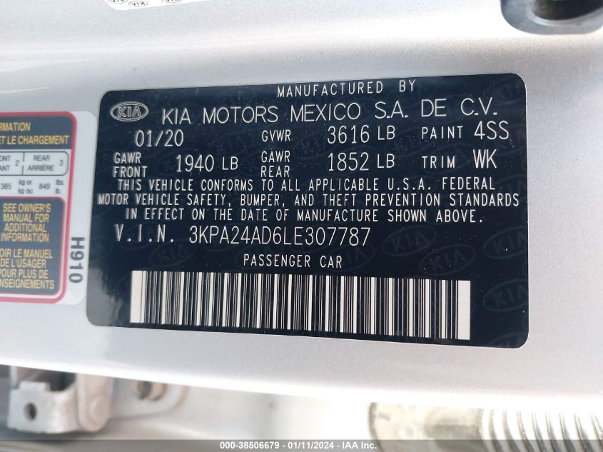 2020 Kia Rio S VIN: 3KPA24AD6LE307787 Lot: 38770566